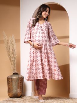 Zelena - Women Modal Maternity Zipless Feeding Kurta Pant Pink (Set of 2)