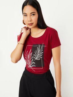 max - Women Cotton Red Round Neck T-Shirt