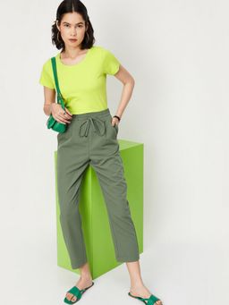 max - Women Solid Green Short Sleeves T-Shirt