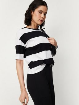max - Women Striped Black T-Shirt