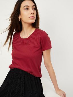 max - Women Pintuck Yoke Red T-Shirt