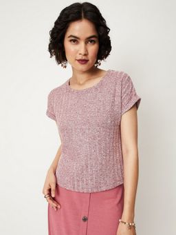 max - Women Textured Mauve Round Neck T-Shirt