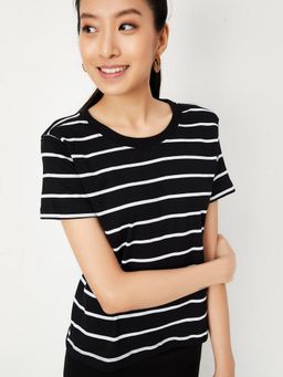 max - Women Striped Black Round Neck T-Shirt