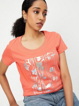 max - Women Metallic Orange T-Shirt