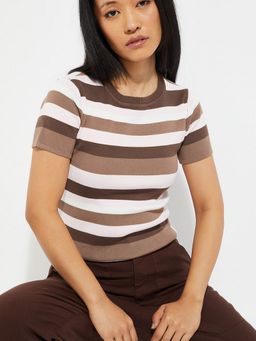 max - Women Brown Striped T-Shirt