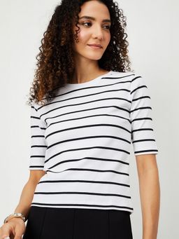 max - Women Striped Ribbed White T-Shirt