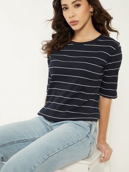 max - Women Striped Blue T-Shirt