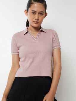 max - Women Ribbed Sports Pink Polo T-Shirt