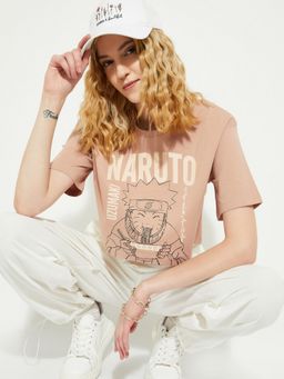 max - Women Naruto Print Pink Oversized Fit Crop T-Shirt