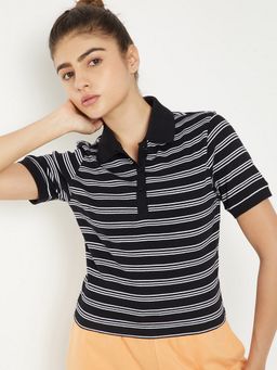 max - Women Striped Sports Black Polo T-Shirt