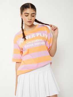 max - Women Striped Oversized Orange Sports T-Shirt
