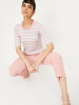 max - Women Striped Knit Pink T-Shirt