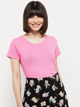 max - Women Solid Round Neck Pink T-Shirt