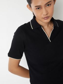 max - Women Knit Sports Black Polo T-Shirt