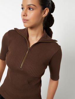 max - Women Ribbed Sports Brown Polo T-Shirt