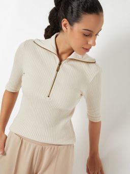 max - Women Ribbed Sports Beige Polo T-Shirt