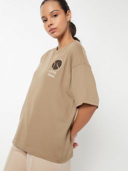 max - Women Back Brown Oversized Sports T-Shirt