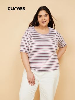 max - Women Striped Knit Purple T-Shirt