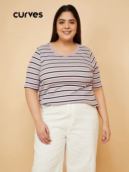 max - Women Striped Purple T-Shirt