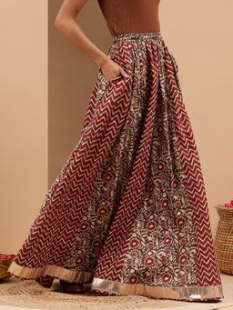 Janasya - Maroon Floral Flared Skirt