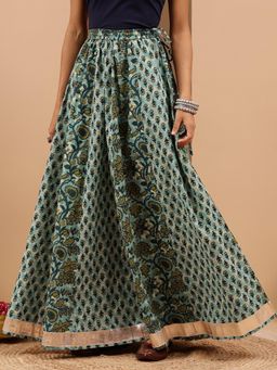 Janasya - Green Floral Flared Skirt