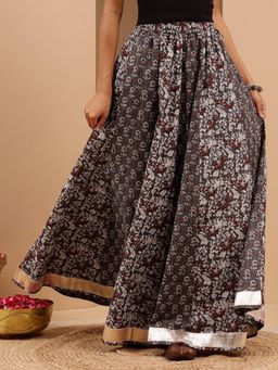 Janasya - Grey Floral Flared Skirt