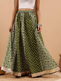 Janasya - Green Floral Flared Skirt