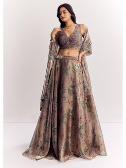KALKI FASHION - Gold Printed Regular Blouse with Lehenga and Dupatta