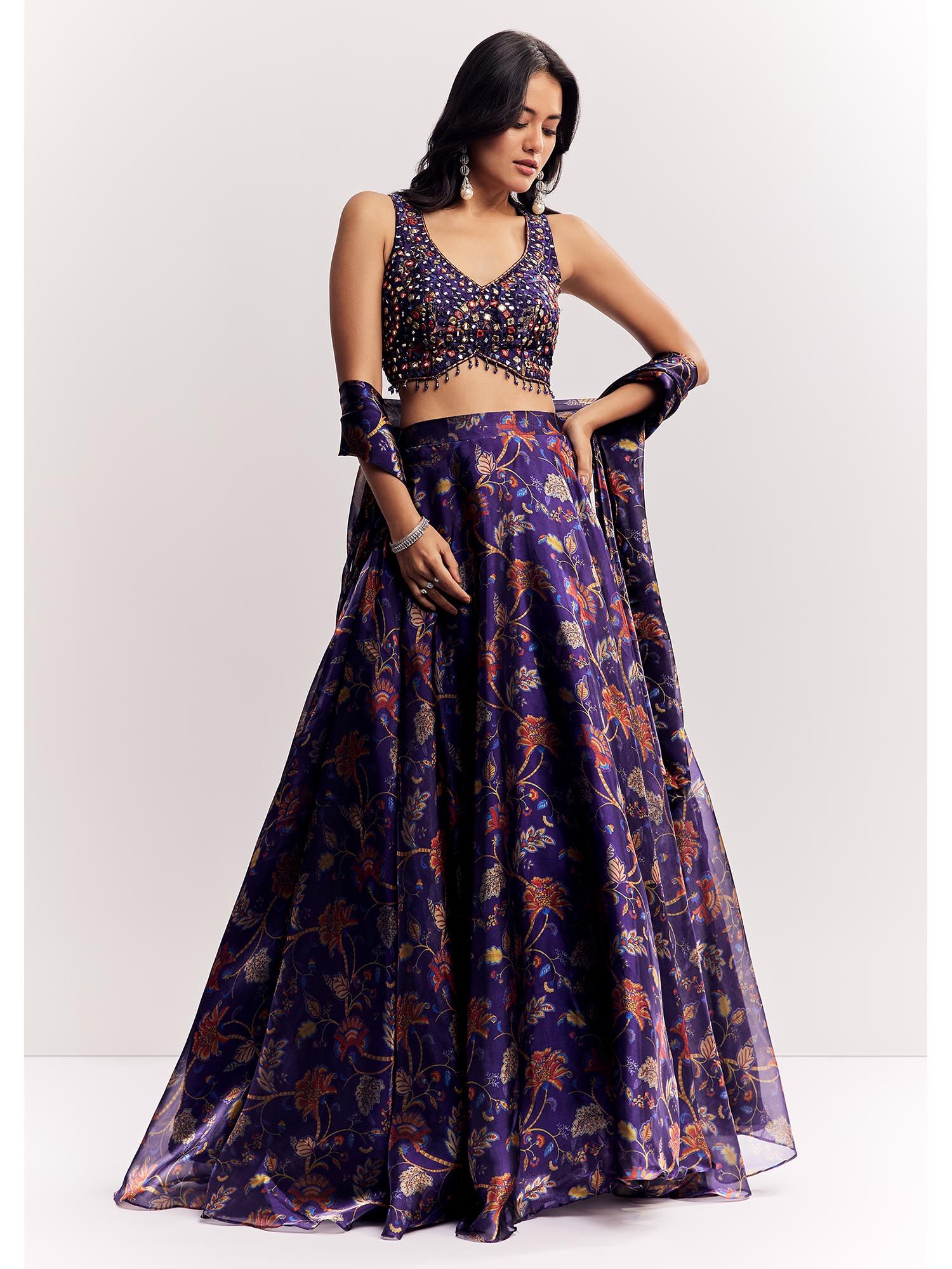 Purple Mirror Work Regular Blouse with Lehenga and Dupatta-image-5