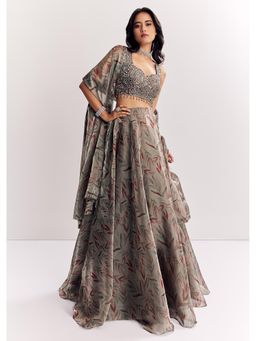KALKI FASHION - Grey Mirror Work Regular Blouse with Lehenga and Dupatta