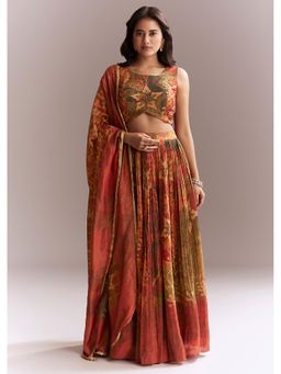 KALKI FASHION - Rust Printed Regular Blouse with Lehenga and Dupatta