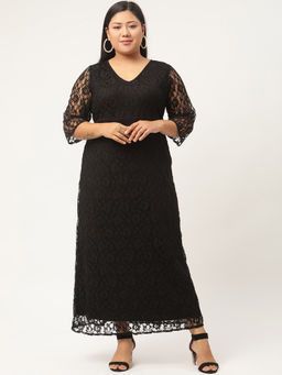 theRebelinme - Plus Size Womens Black Solid Colour Lace Maxi Dress