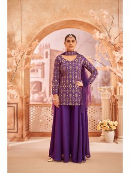 Shaily - Women Purple Georgette Embellished Kurta with Sharara and Dupatta (Set of 3)