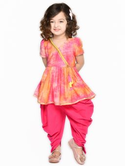 SAKA DESIGNS - Tie And Dye Orange Magenta Angrakha Peplum And Lycra Dhoti For Girls