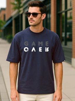 Bewakoof - Men's Blue Game Over Minimal Typography Oversized T-shirt