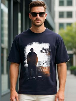 Bewakoof - Men's Blue Make Tracks Graphic Printed Oversized T-shirt