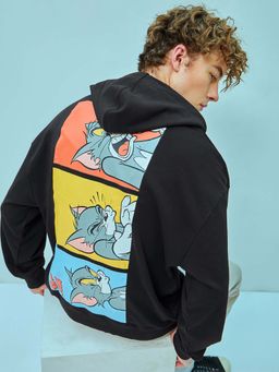 Bewakoof - Men's Black Tom & Jerry Graphic Printed Oversized Hoodies