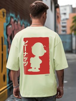 Bewakoof - Official Peanuts Men's Green Charlie Jap Graphic Printed Oversized T-shirt