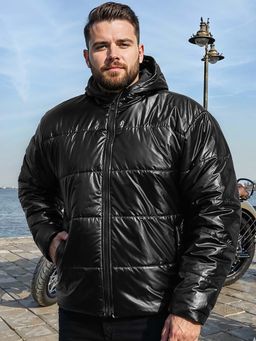 Bewakoof - Men's Black Shine Graphic Printed Oversized Plus Size Puffer Jacket