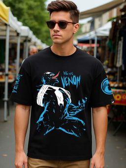 Bewakoof - Official Marvel Men's Black Venom Graphic Printed Oversized T-shirt