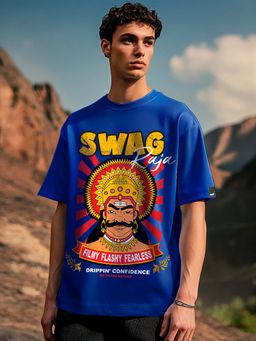 Bewakoof - Men's Blue Swag Raja Graphic Printed Oversized T-shirt