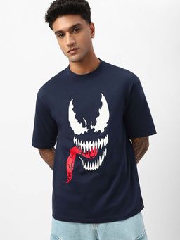 Bewakoof - Official Marvel Men's Navy Blue Venom Graphic Printed Oversized T-shirt