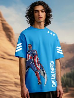 Bewakoof - Heavy Duty 1.0 Official Marvel Men's Blue Captain Graphic Printed Oversized T-shirt