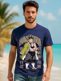 Bewakoof - Official Demon Slayer Men's Navy Blue Stone Hashira Graphic Printed T-shirt