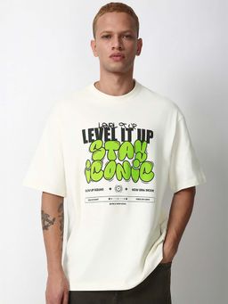Bewakoof - Men's Gardenia Level It Up Stay Iconic Typography Oversized T-shirt