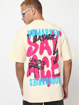 Bewakoof - Men's Off White Savage Graphic Printed Oversized T-shirt