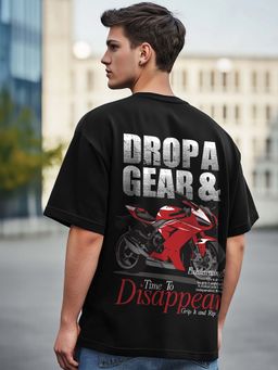 Bewakoof - Men's Jet Black Drop Gear Graphic Printed Oversized T-shirt