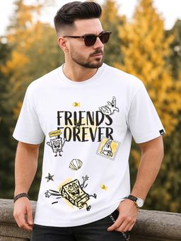 Bewakoof - Official SpongeBob Men's White Friends Forever Graphic Printed Oversized T-shirt
