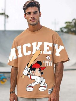 Bewakoof - Heavy Duty 1.0 Official Disney Men's Camel Brown Mickey Graphic Printed Oversized T-shirt