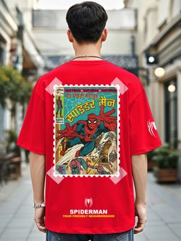 Bewakoof - Official Marvel Men's Bold Red Spiderman Truck Graphic Printed Oversized T-shirt